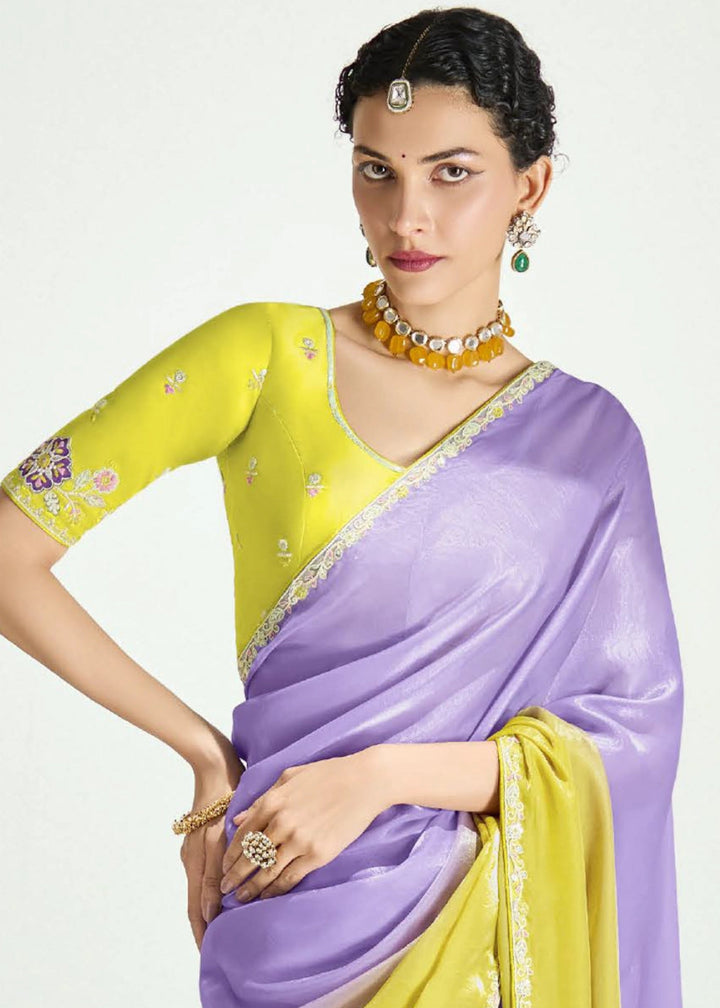 Dual Shade Purple & Yellow Organza Tissue Saree Paired with Embroidered Blouse - House of Sarvati LLC