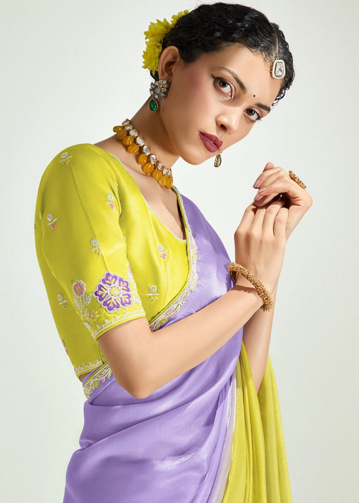 Dual Shade Purple & Yellow Organza Tissue Saree Paired with Embroidered Blouse - House of Sarvati LLC