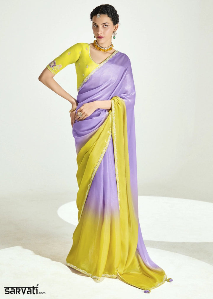 Dual Shade Purple & Yellow Organza Tissue Saree Paired with Embroidered Blouse - House of Sarvati LLC