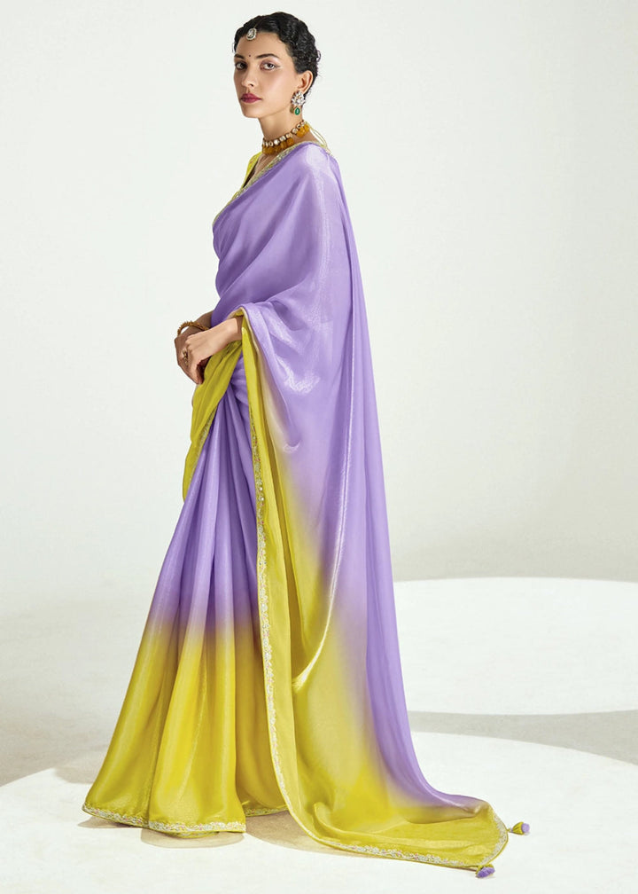 Dual Shade Purple & Yellow Organza Tissue Saree Paired with Embroidered Blouse - House of Sarvati LLC