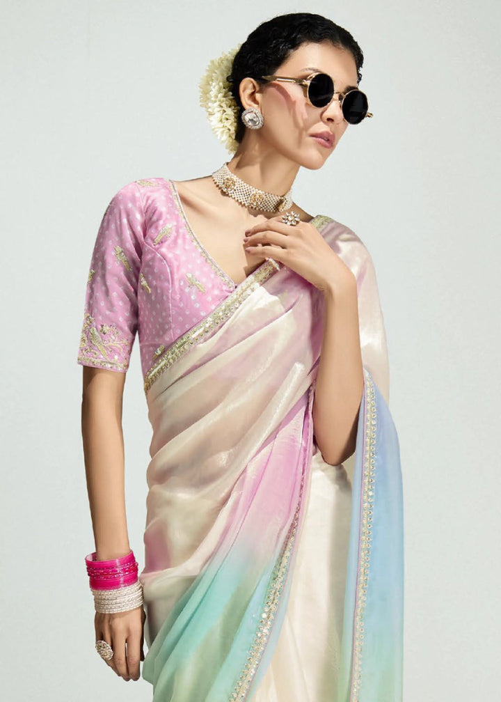 Dual Shade White & Blue Organza Tissue Saree Paired with Embroidered Blouse - House of Sarvati LLC
