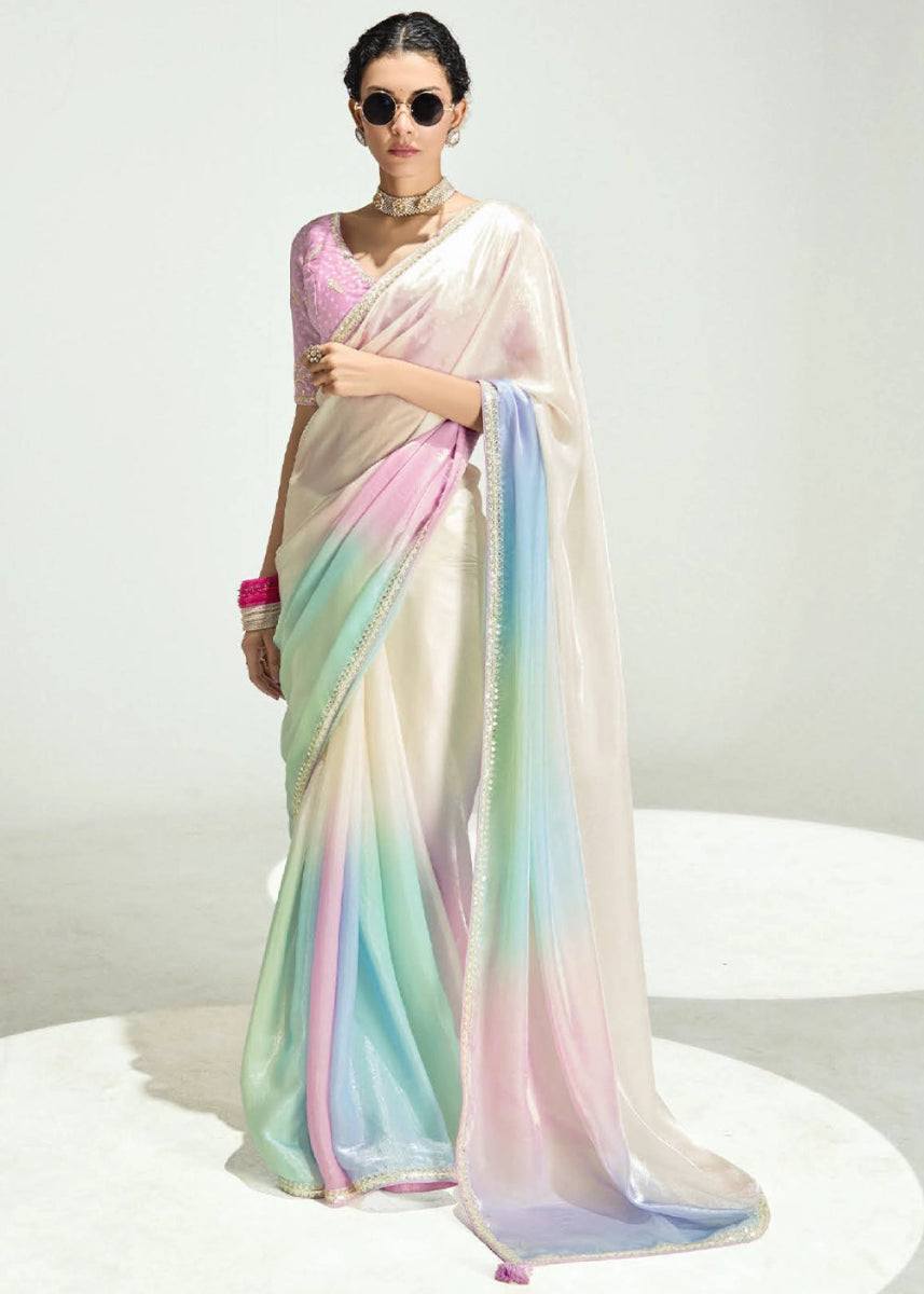 Dual Shade White & Blue Organza Tissue Saree Paired with Embroidered Blouse - House of Sarvati LLC