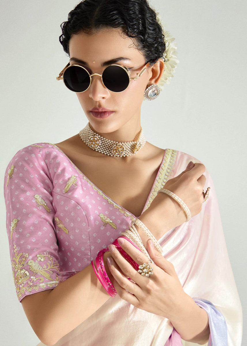 Dual Shade White & Blue Organza Tissue Saree Paired with Embroidered Blouse - House of Sarvati LLC
