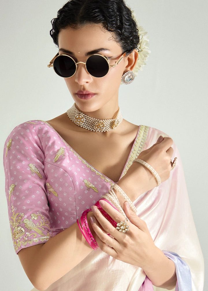 Dual Shade White & Blue Organza Tissue Saree Paired with Embroidered Blouse - House of Sarvati LLC