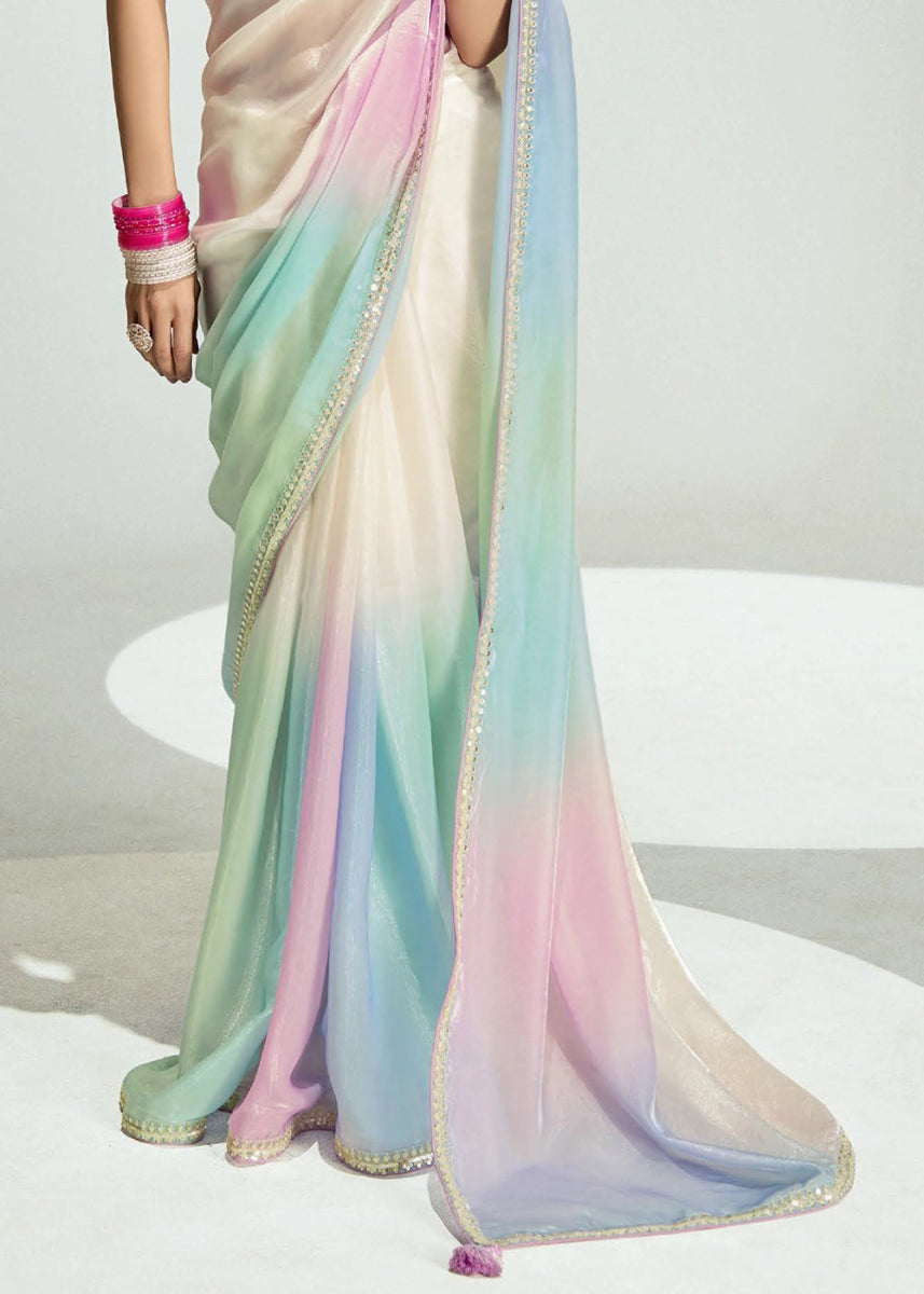 Dual Shade White & Blue Organza Tissue Saree Paired with Embroidered Blouse - House of Sarvati LLC