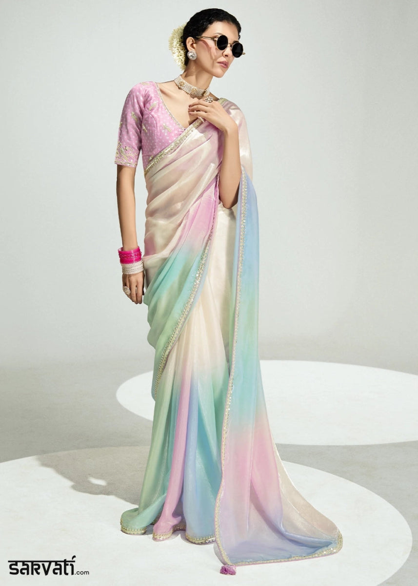 Dual Shade White & Blue Organza Tissue Saree Paired with Embroidered Blouse - House of Sarvati LLC