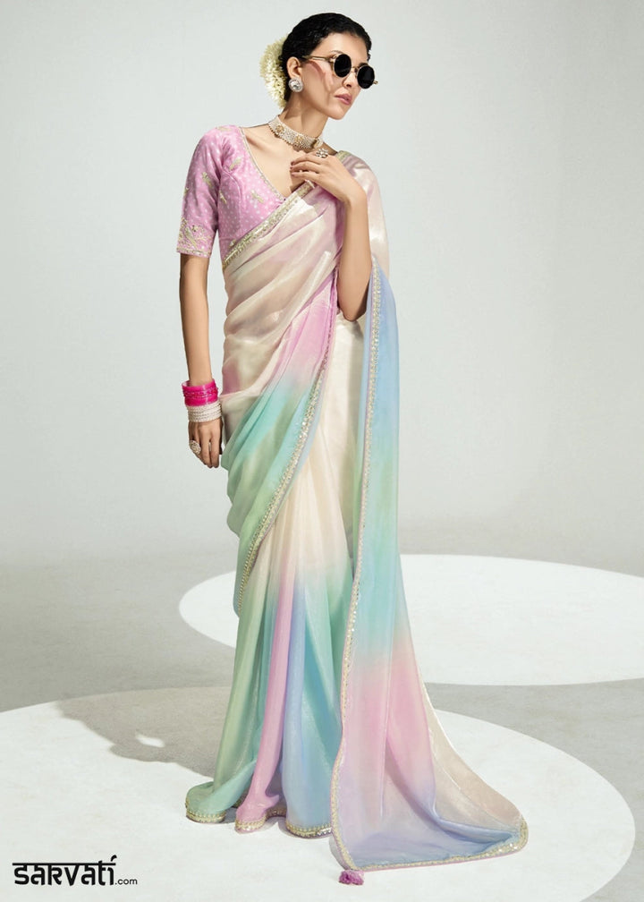 Dual Shade White & Blue Organza Tissue Saree Paired with Embroidered Blouse - House of Sarvati LLC