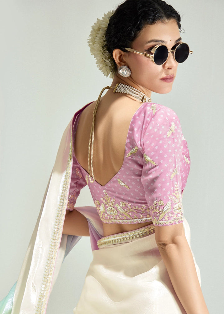 Dual Shade White & Blue Organza Tissue Saree Paired with Embroidered Blouse - House of Sarvati LLC