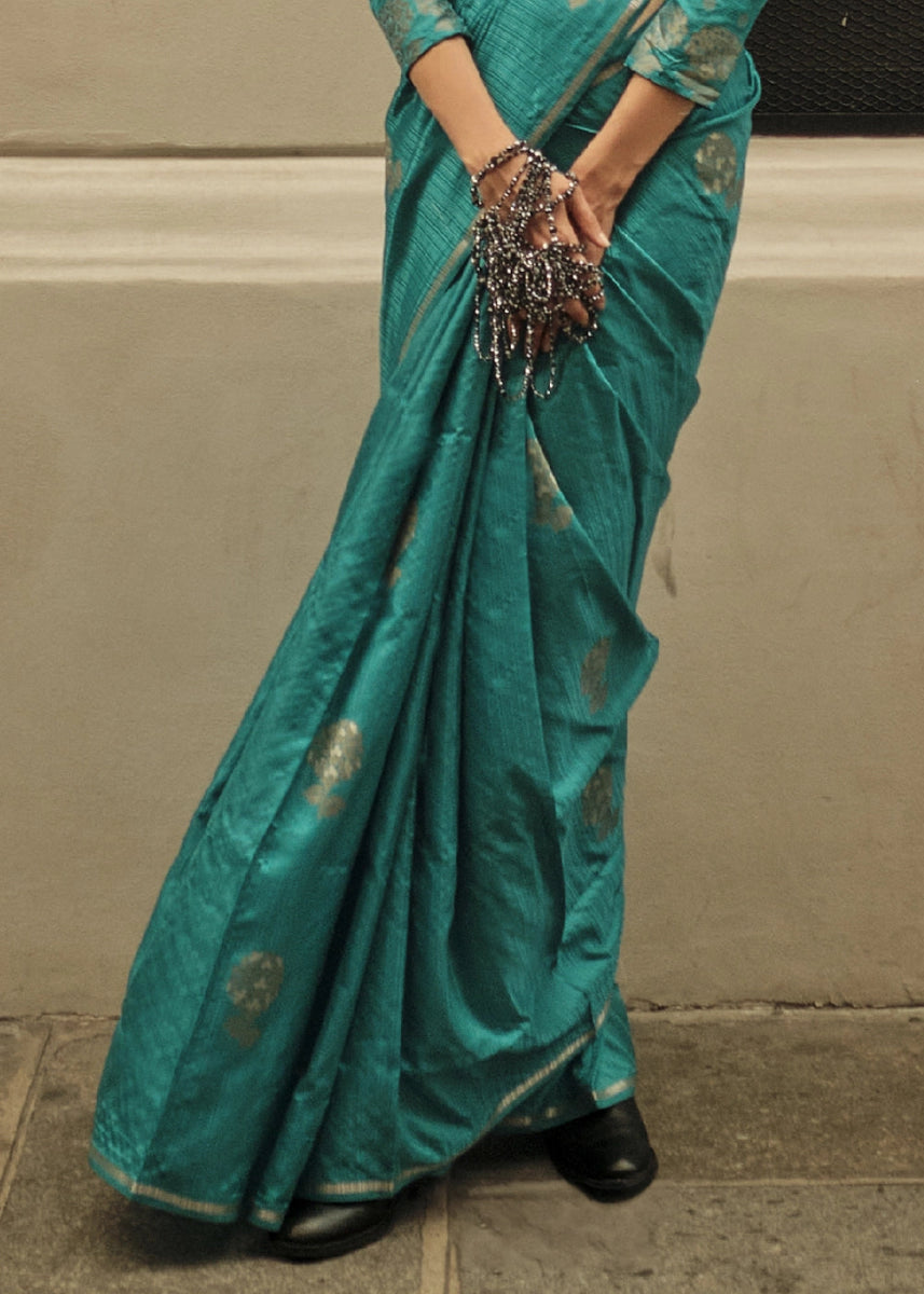 Dual Tone Blue & Green Zari Woven Saree In Soft Satin Silk With Luxe Finish - House of Sarvati LLC