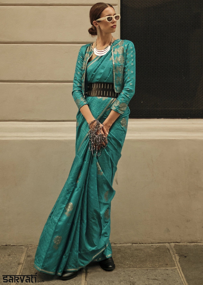 Dual Tone Blue & Green Zari Woven Saree In Soft Satin Silk With Luxe Finish - House of Sarvati LLC