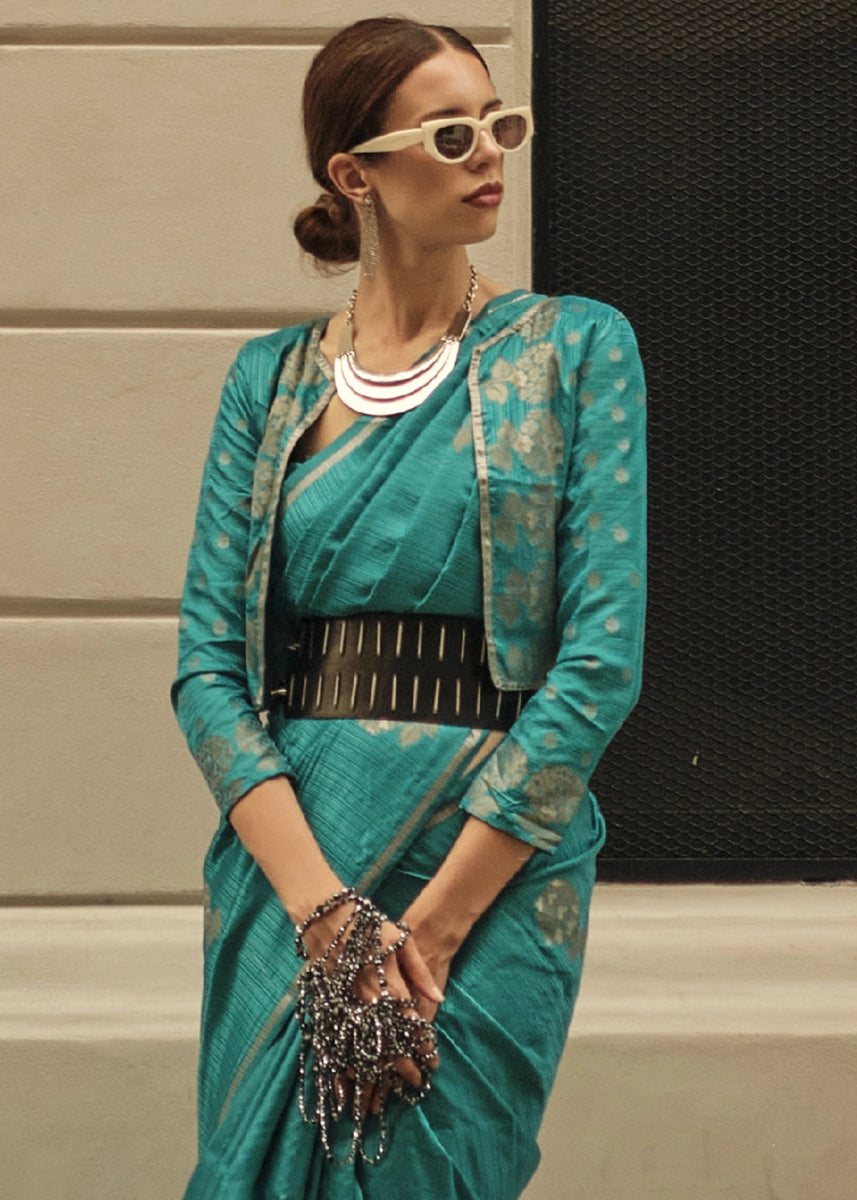 Dual Tone Blue & Green Zari Woven Saree In Soft Satin Silk With Luxe Finish - House of Sarvati LLC