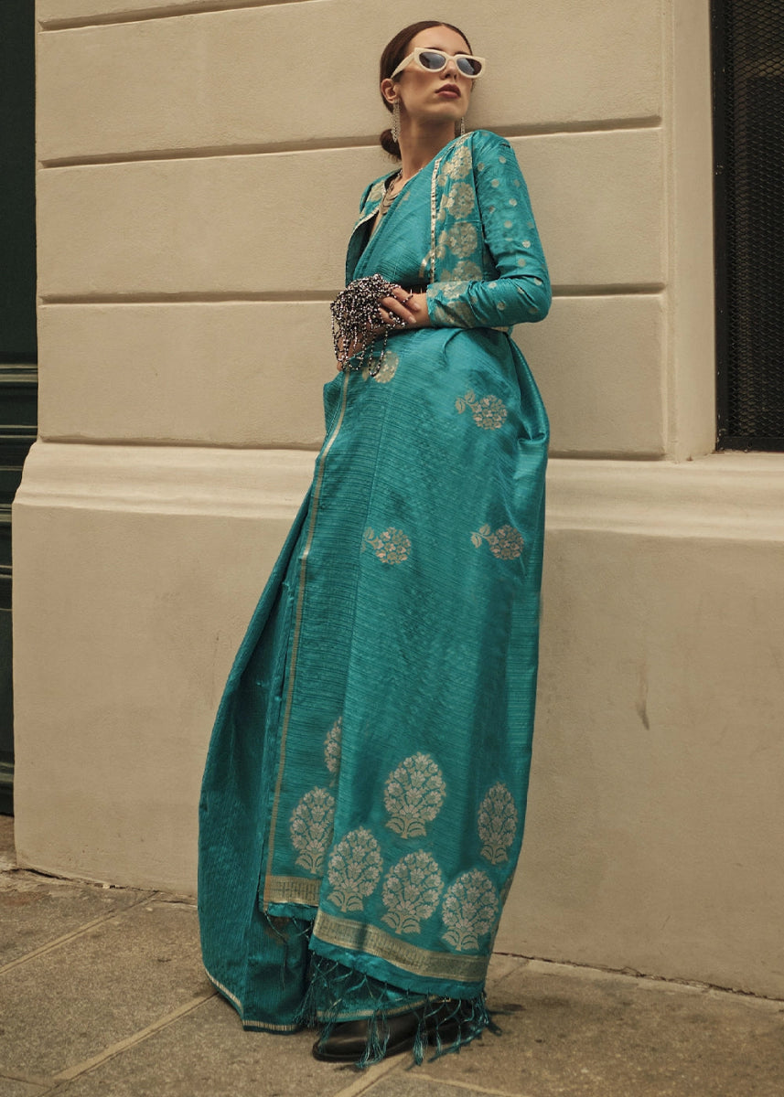 Dual Tone Blue & Green Zari Woven Saree In Soft Satin Silk With Luxe Finish - House of Sarvati LLC