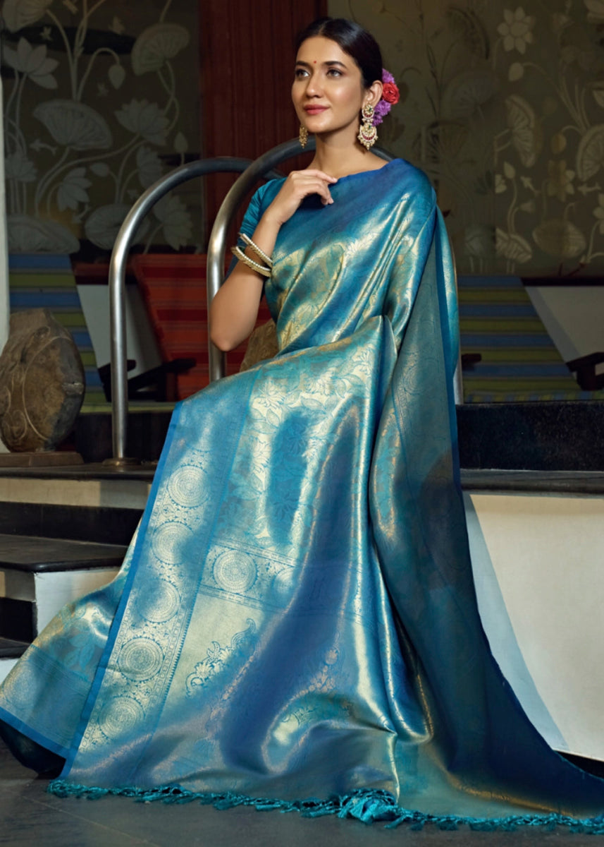Dual - Tone Blue Silk Saree with Zari Woven Border and Pallu - House of Sarvati LLC