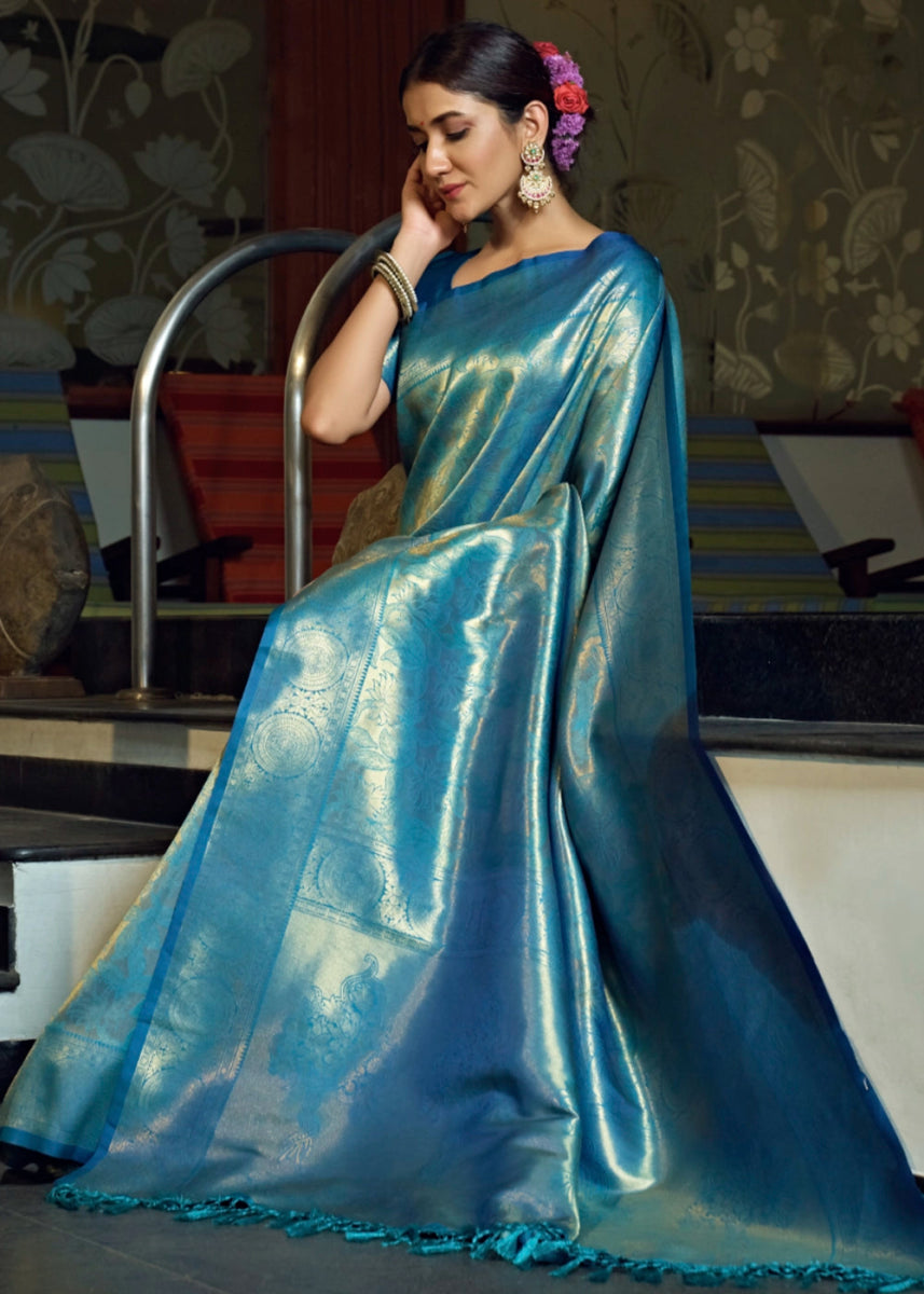 Dual - Tone Blue Silk Saree with Zari Woven Border and Pallu - House of Sarvati LLC