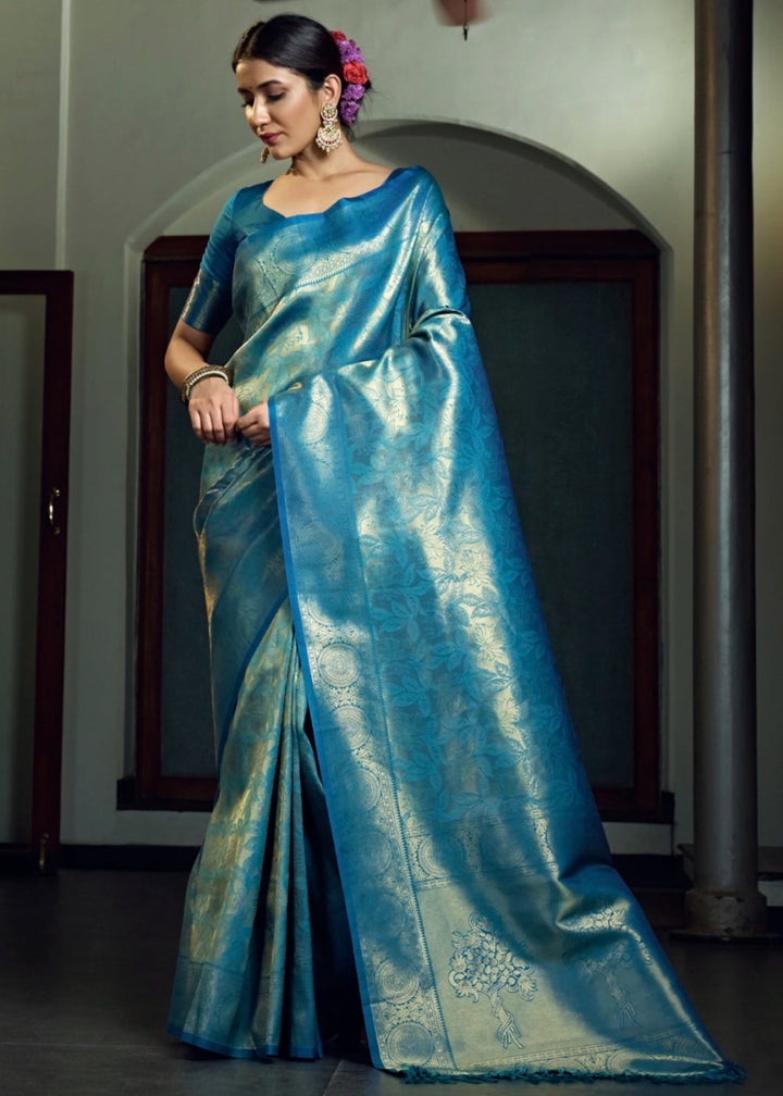 Dual - Tone Blue Silk Saree with Zari Woven Border and Pallu - House of Sarvati LLC