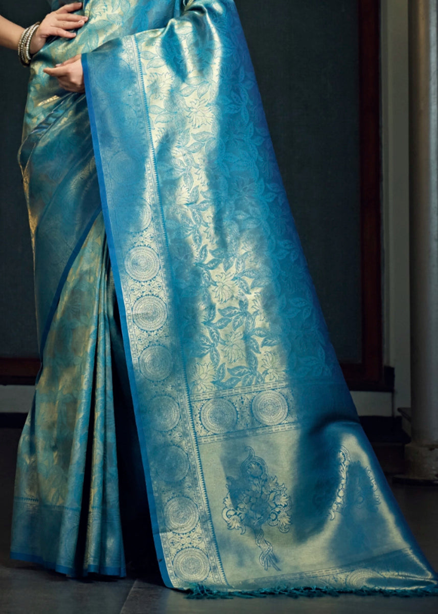 Dual - Tone Blue Silk Saree with Zari Woven Border and Pallu - House of Sarvati LLC