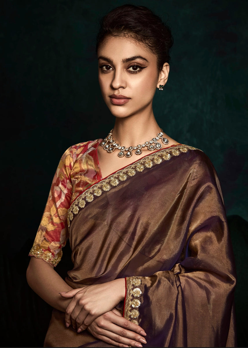 Dual Tone Brownish Purple Tissue Saree with Dhaga,Thread & Sequin Embellishments - House of Sarvati LLC