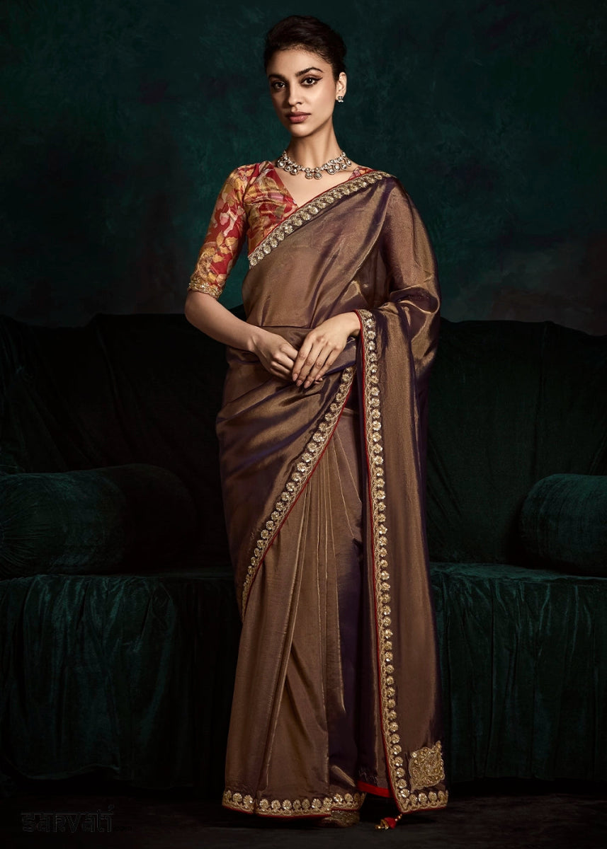 Dual Tone Brownish Purple Tissue Saree with Dhaga,Thread & Sequin Embellishments - House of Sarvati LLC