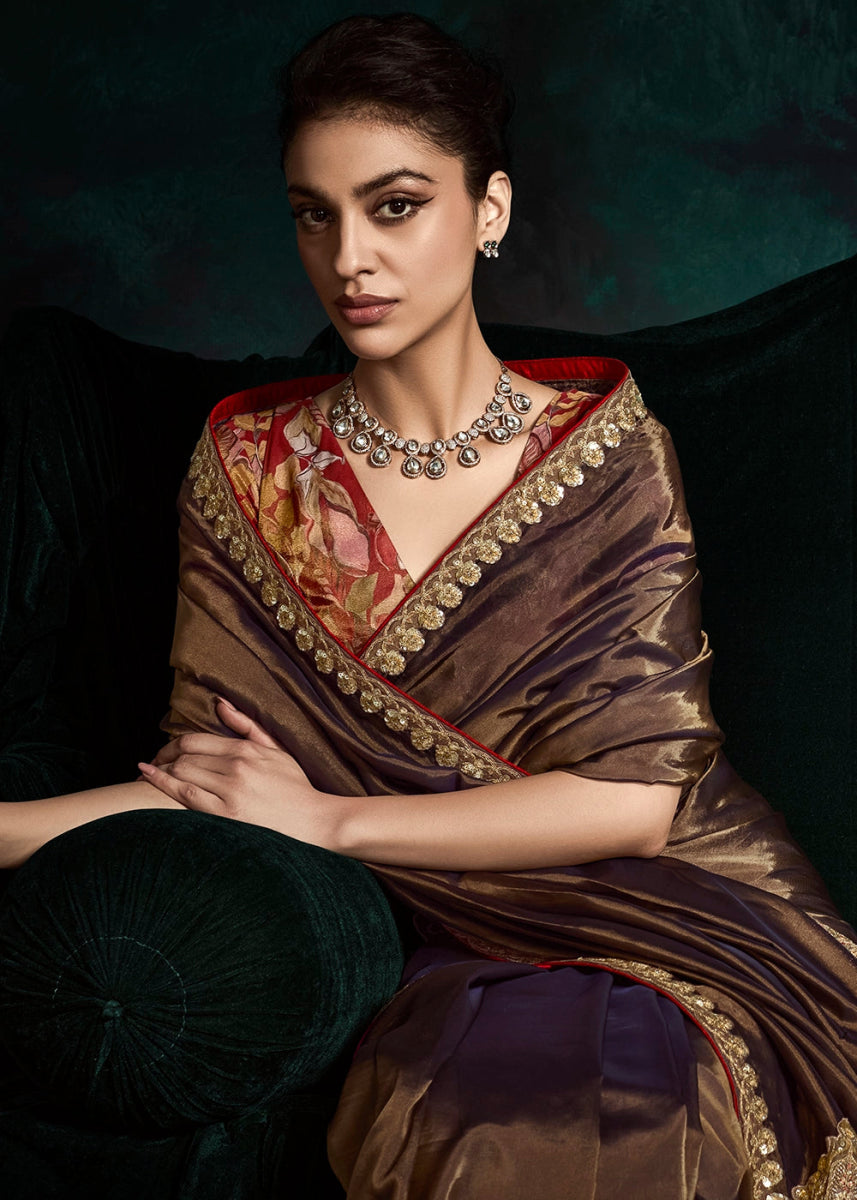 Dual Tone Brownish Purple Tissue Saree with Dhaga,Thread & Sequin Embellishments - House of Sarvati LLC