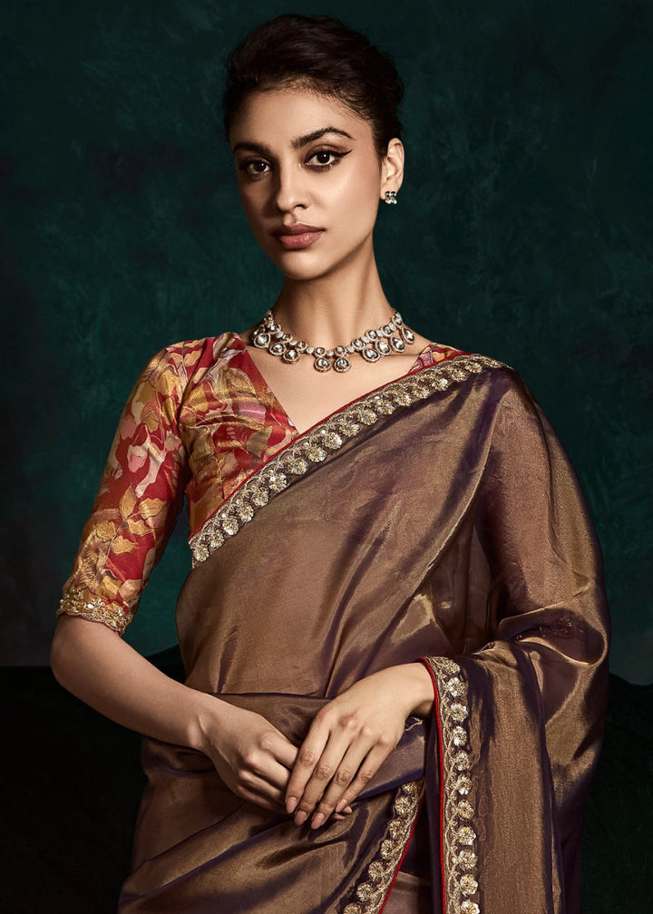 Dual Tone Brownish Purple Tissue Saree with Dhaga,Thread & Sequin Embellishments - House of Sarvati LLC