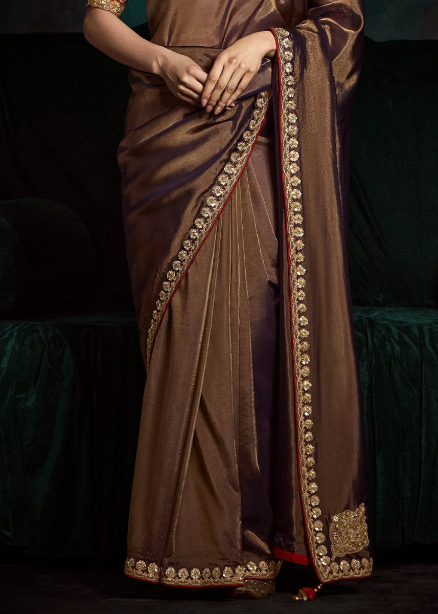 Dual Tone Brownish Purple Tissue Saree with Dhaga,Thread & Sequin Embellishments - House of Sarvati LLC