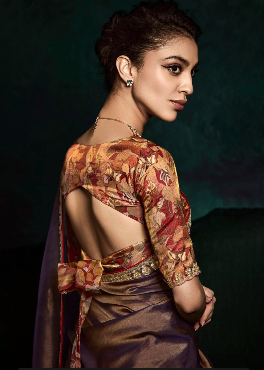 Dual Tone Brownish Purple Tissue Saree with Dhaga,Thread & Sequin Embellishments - House of Sarvati LLC