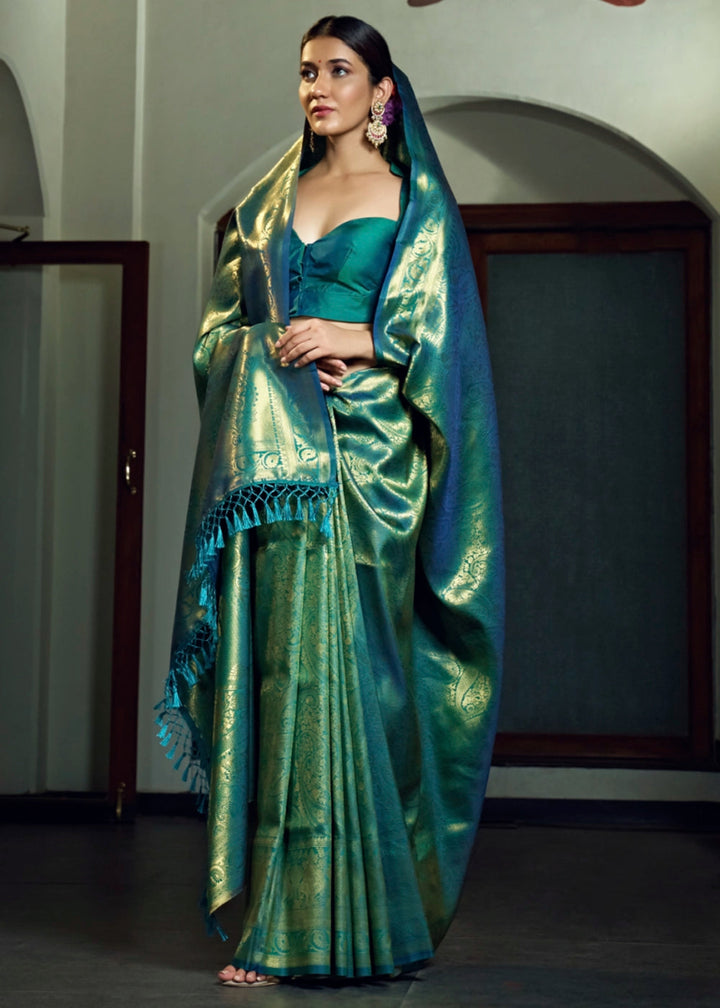 Dual - Tone Green Silk Saree with Zari Woven Border and Pallu - House of Sarvati LLC