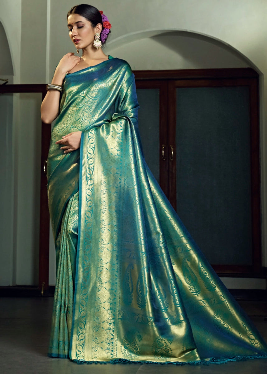 Dual - Tone Green Silk Saree with Zari Woven Border and Pallu - House of Sarvati LLC