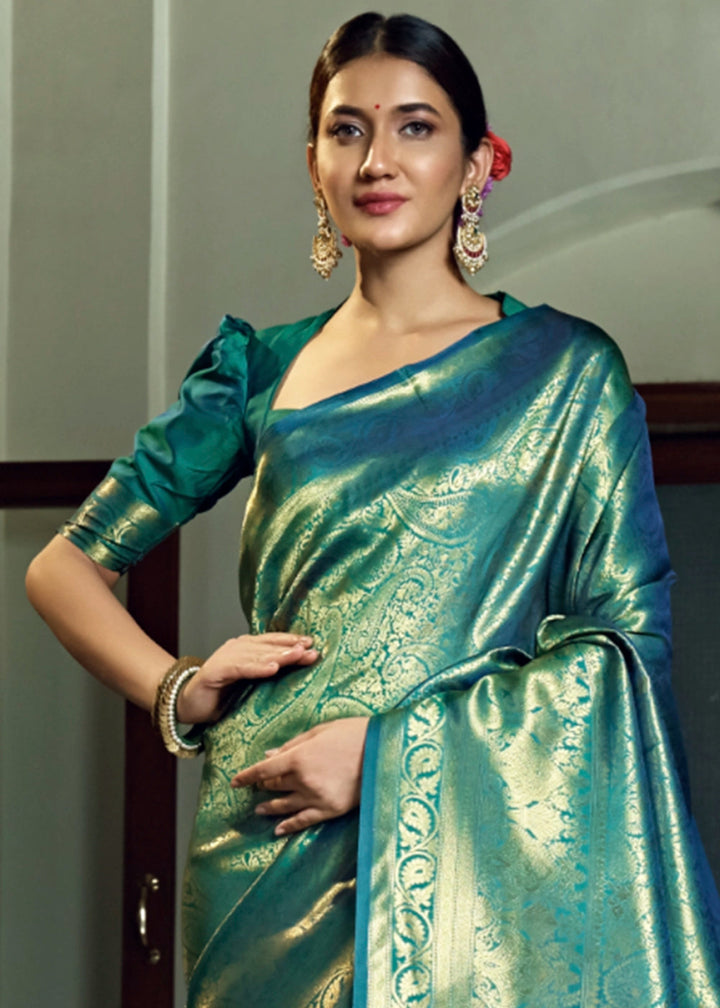 Dual - Tone Green Silk Saree with Zari Woven Border and Pallu - House of Sarvati LLC