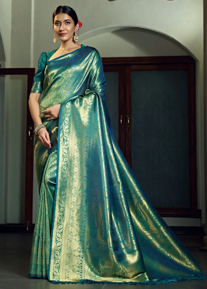 Dual - Tone Green Silk Saree with Zari Woven Border and Pallu - House of Sarvati LLC