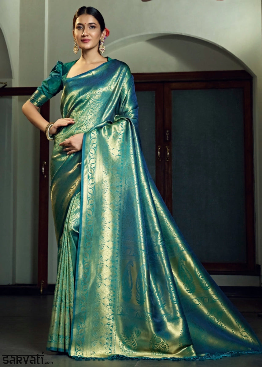 Dual - Tone Green Silk Saree with Zari Woven Border and Pallu - House of Sarvati LLC