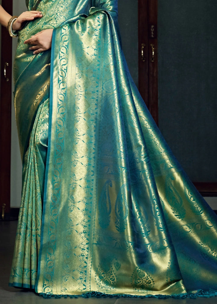 Dual - Tone Green Silk Saree with Zari Woven Border and Pallu - House of Sarvati LLC