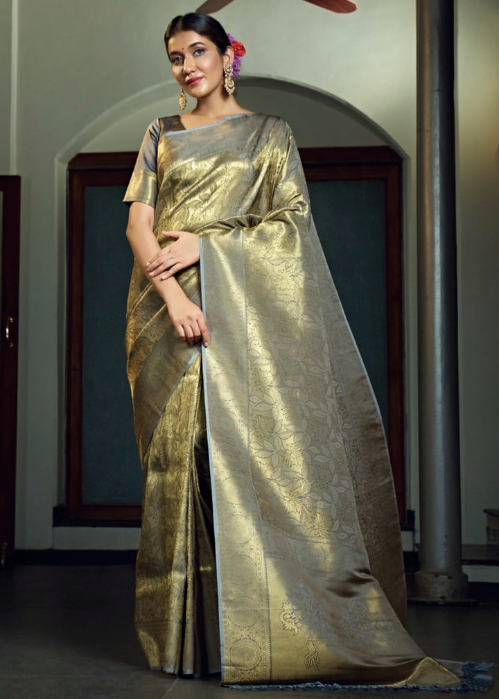 Dual - Tone Grey Silk Saree with Zari Woven Border and Pallu - House of Sarvati LLC