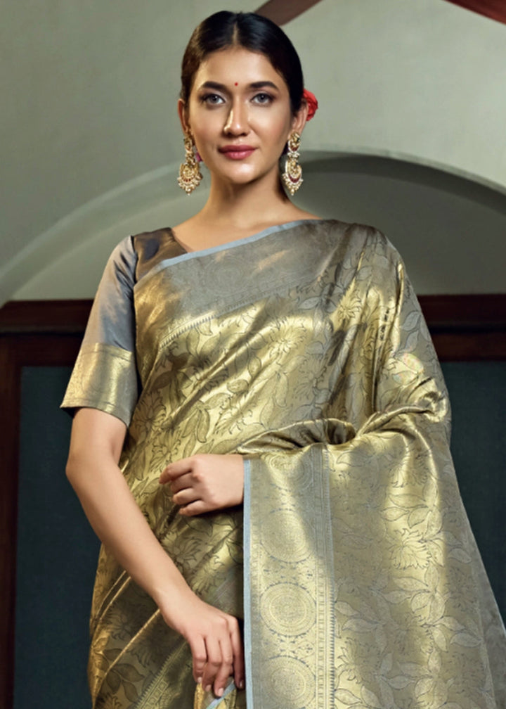 Dual - Tone Grey Silk Saree with Zari Woven Border and Pallu - House of Sarvati LLC