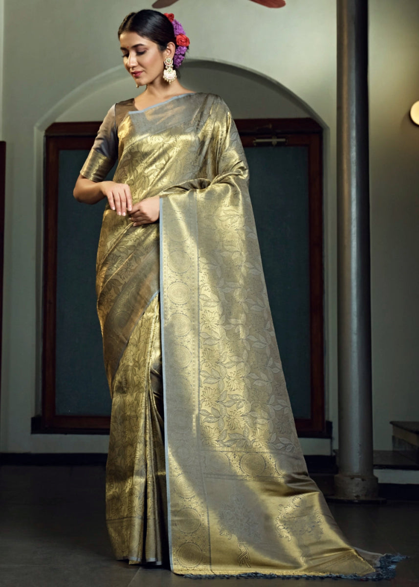 Dual - Tone Grey Silk Saree with Zari Woven Border and Pallu - House of Sarvati LLC