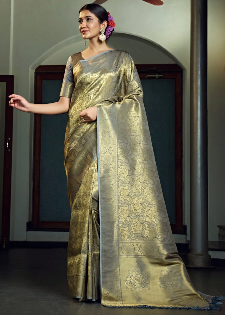 Dual - Tone Grey Silk Saree with Zari Woven Border and Pallu - House of Sarvati LLC