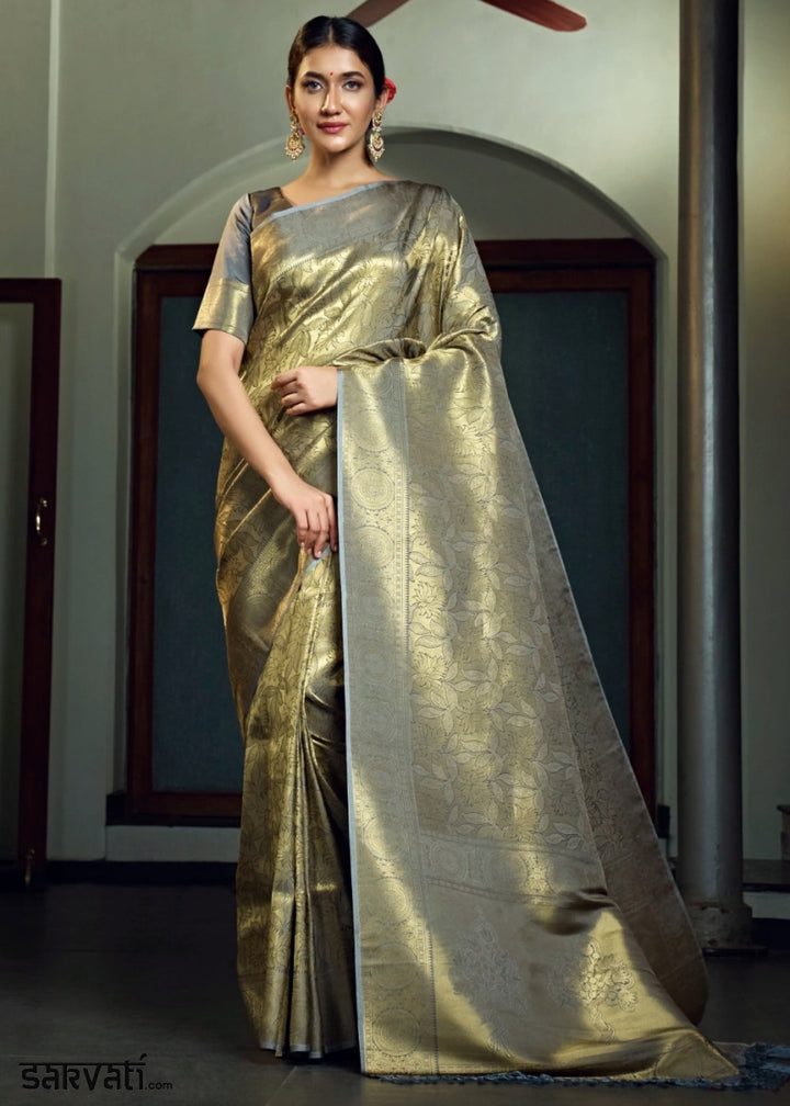 Dual - Tone Grey Silk Saree with Zari Woven Border and Pallu - House of Sarvati LLC
