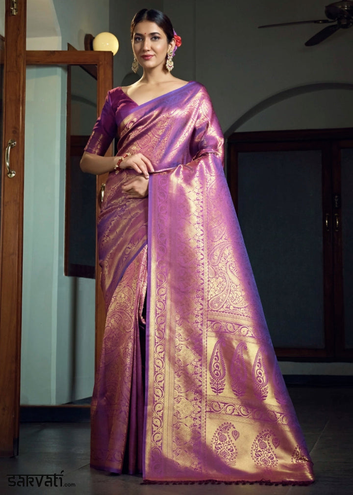 Dual - Tone Purple Silk Saree with Zari Woven Border and Pallu - House of Sarvati LLC