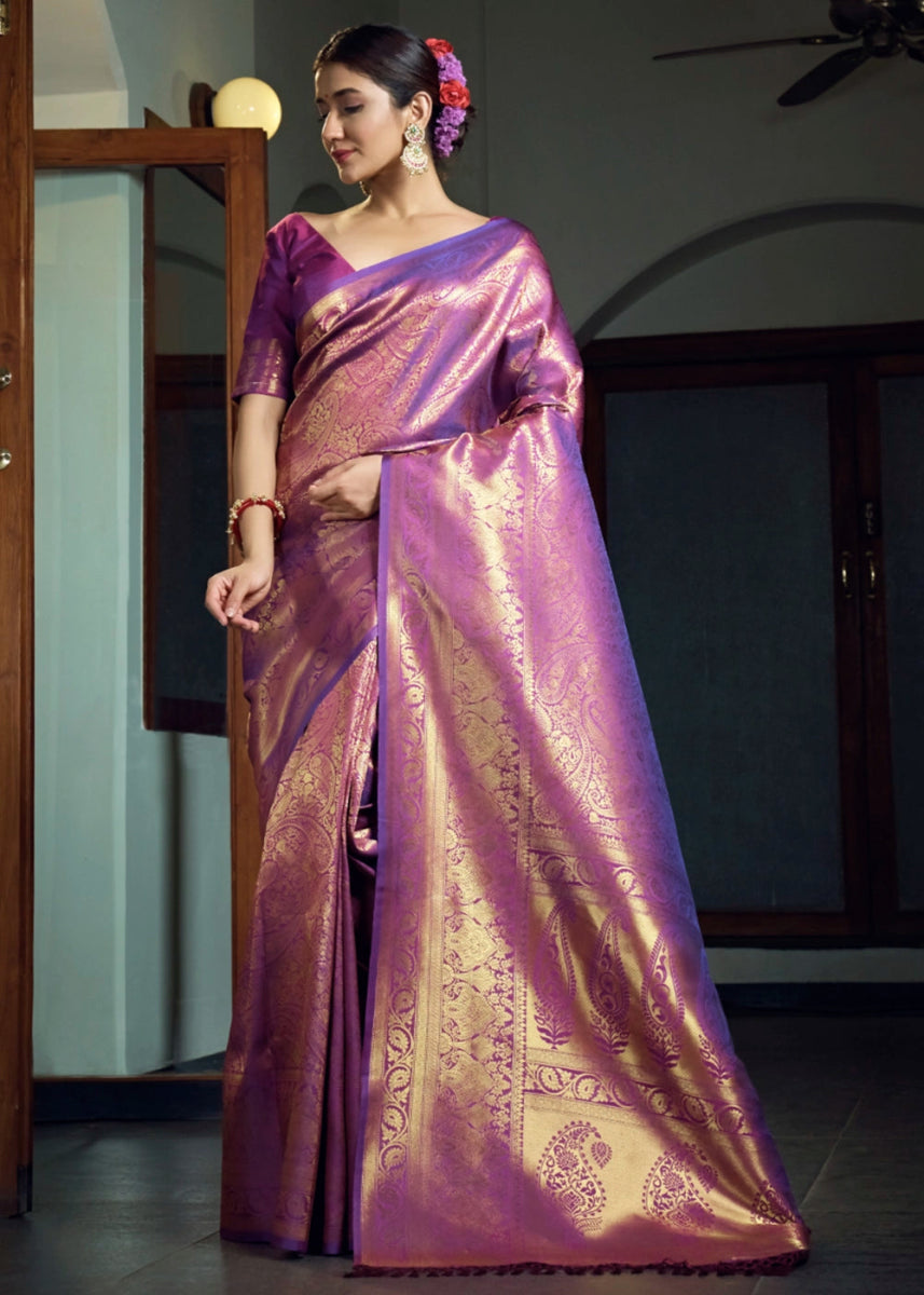 Dual - Tone Purple Silk Saree with Zari Woven Border and Pallu - House of Sarvati LLC