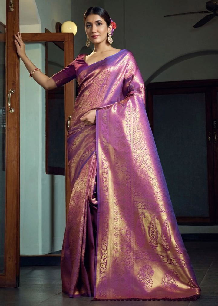 Dual - Tone Purple Silk Saree with Zari Woven Border and Pallu - House of Sarvati LLC
