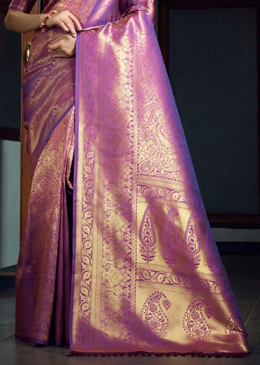 Dual - Tone Purple Silk Saree with Zari Woven Border and Pallu - House of Sarvati LLC