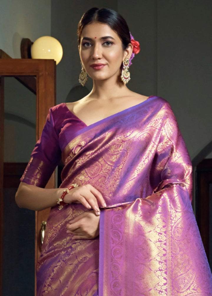 Dual - Tone Purple Silk Saree with Zari Woven Border and Pallu - House of Sarvati LLC