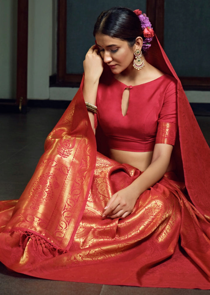 Dual - Tone Red Silk Saree with Zari Woven Border and Pallu - House of Sarvati LLC