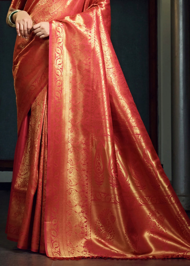 Dual - Tone Red Silk Saree with Zari Woven Border and Pallu - House of Sarvati LLC