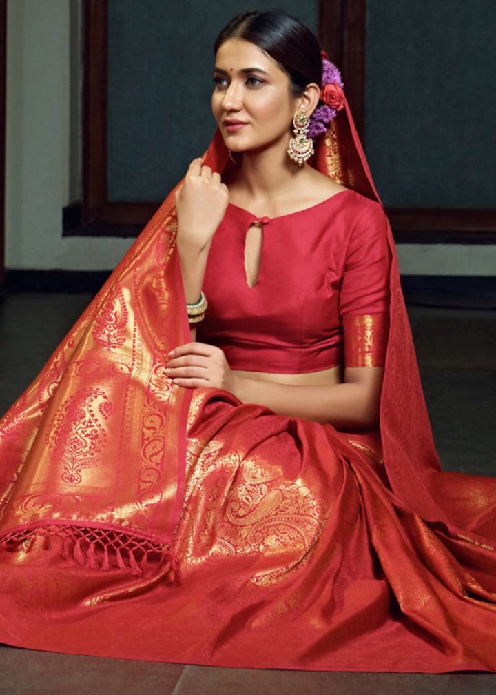 Dual - Tone Red Silk Saree with Zari Woven Border and Pallu - House of Sarvati LLC