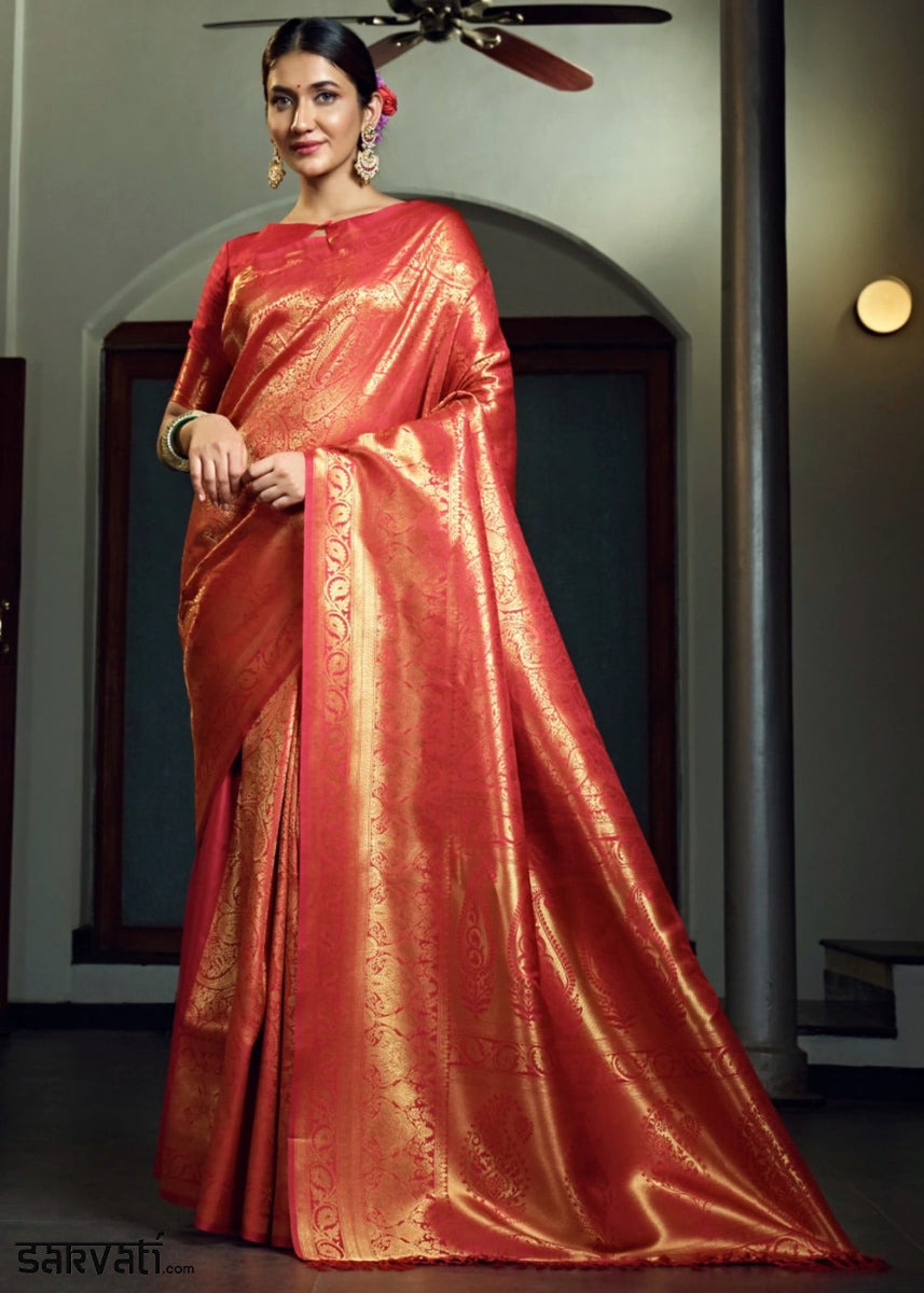 Dual - Tone Red Silk Saree with Zari Woven Border and Pallu - House of Sarvati LLC