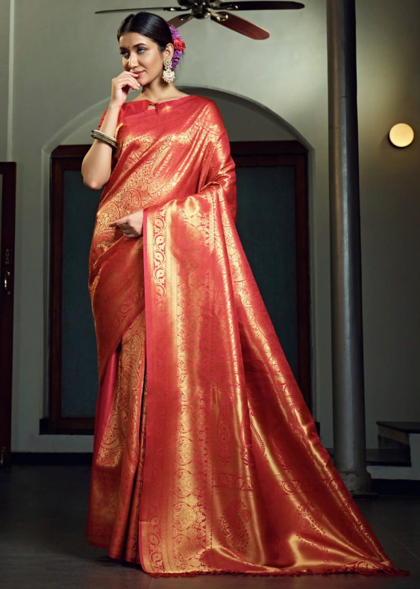 Dual - Tone Red Silk Saree with Zari Woven Border and Pallu - House of Sarvati LLC
