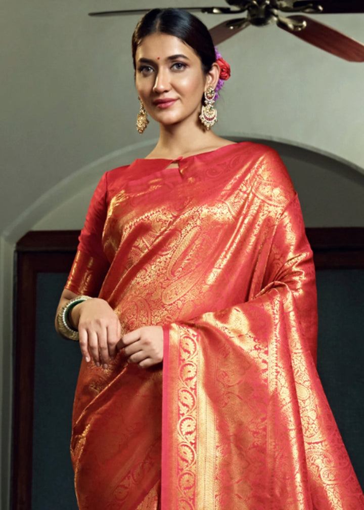 Dual - Tone Red Silk Saree with Zari Woven Border and Pallu - House of Sarvati LLC