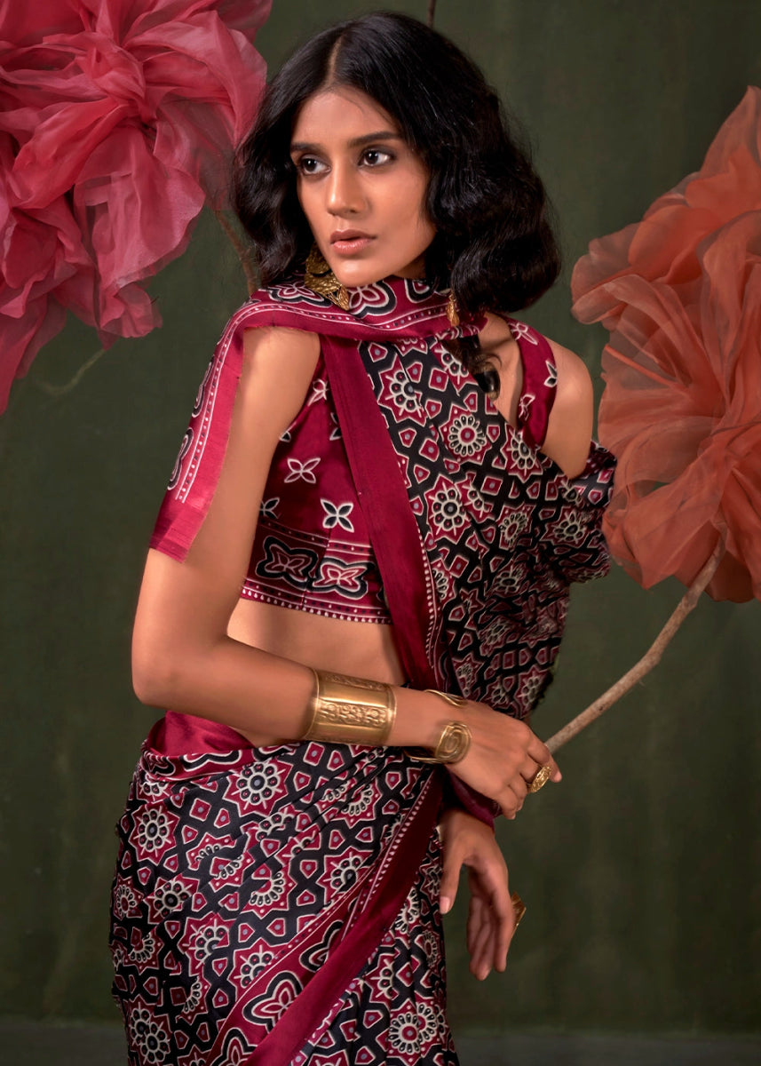 Dual Tones Of Black & Red Satin Crepe Saree Featuring Rich Ajrakh Prints - House of Sarvati LLC