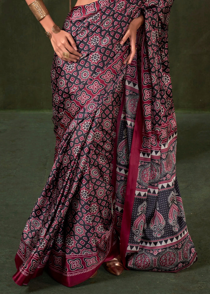 Dual Tones Of Black & Red Satin Crepe Saree Featuring Rich Ajrakh Prints - House of Sarvati LLC
